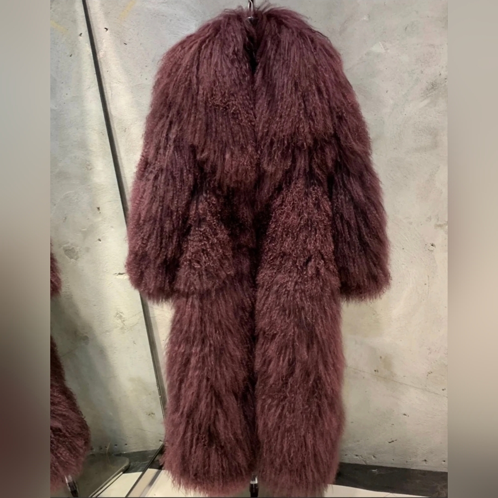 Genuine Mongolian Lamb Fur Coat - Luxurious Fur (Burgandy/Wine) - Picture 11 of 15